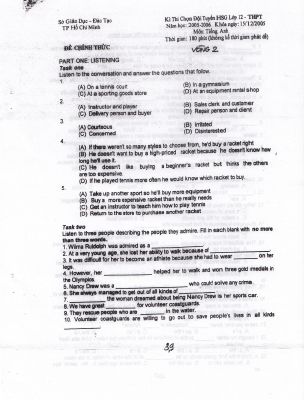 Đề thi chọn đội tuyển học sinh giỏi THPT Vòng 2 TP Hồ Chí Minh  môn Tiếng Anh  năm 2005-2006   Mã A785599