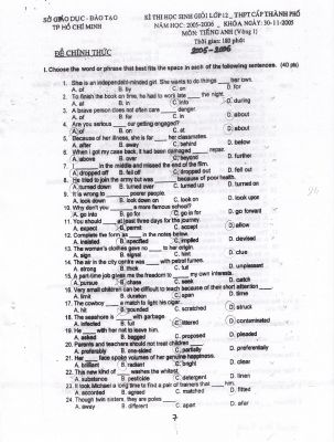 Đề thi chọn đội tuyển học sinh giỏi THPT Vòng 1 TP Hồ Chí Minh môn Tiếng Anh  năm 2005-2006  Mã A485672