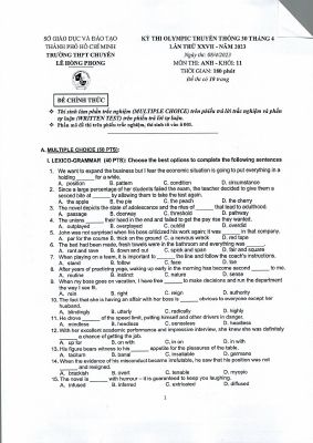 ĐỀ THI OLYMPIC TRUYỀN THỐNG 30 THÁNG 4 LẦN THỨ XXVII - NĂM 2023 MÔN TIẾNG ANH - KHỐI 11 CÓ ĐÁP ÁN (Ngày thi 08-04-2023) Mã