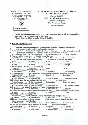 ĐỀ THI OLYMPIC TRUYỀN THỐNG 30 THÁNG 4 LẦN THỨ XXVII - NĂM 2023 MÔN TIẾNG ANH - KHỐI 10 CÓ ĐÁP ÁN (Ngày thi 08-04-2023)  Mã
