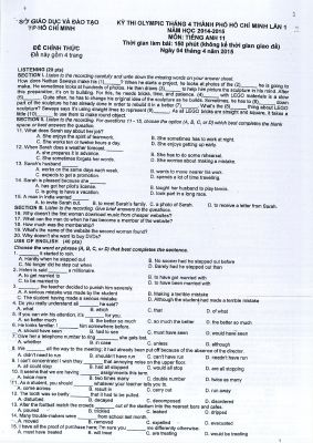 Kỳ thi OLYMPIC truyền thống 30-4 TP Hồ Chí Minh lần 1 năm 2015 môn Tiếng Anh 11 - ĐỀ THI CHÍNH THỨC Mã A457108