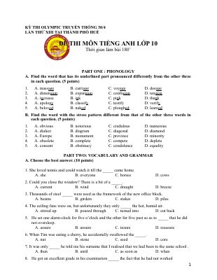 KY THI OLYMPIC TRUYÊN THÔNG 304 LÂN THƯ XIII TAI THANH PHÔ HUÊ ĐÊ THI MÔN TIÊNG ANH LỚP 10 Mã A819415