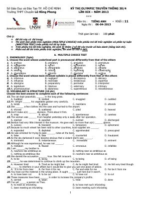 KỲ THI OLYMPIC TRUYỀN THỐNG 30-4 LẦN XIX  NĂM 2013 Môn thi TIẾNG ANH - Khối 11 Trường THPT Chuyên Lê Hồng Phong TP. Hồ Chí Minh Mã A207281