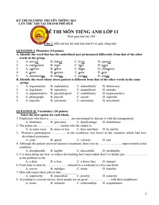 KY THI OLYMPIC TRUYÊN THÔNG 30-4 LÂN THƯ XIII TAI THANH PHÔ HUÊ ĐÊ THI MÔN TIẾNG ANH LỚP 11 Mã A486080