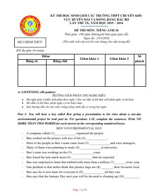 Đề Thi (Chính Thức) Môn Tiếng Anh Khối 10 - Duyên Hải Và Đồng Bằng Bắc Bộ 2015-2016
