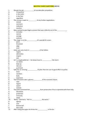MULTIPLE CHOICE QUESTIONS (2211) - BÀI TẬP BỒI DƯỠNG ĐỘI TUYỂN TIẾNG ANH LỚP 11 THPT - LEXICO AND GRAMMAR Mã A188822