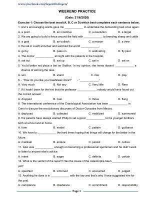 (Luyenthichuyen) Đề luyện ôn thi Tuyển sinh vào lớp 10 Chuyên Tiếng Anh - WEEKEND PRACTICE (Date 21-6-2020) Mã A701475