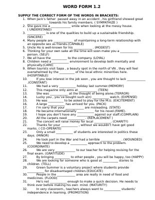 WORD FORM 1.2 (74 câu) - HSG Tiếng Anh 9 THCS Mã A876547