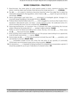 (Blogchuyenanh) WORD FORMATION  PRACTICE 3 - Tài Liệu Ôn Thi Vào Lớp 10 Chuyên Tiếng Anh 2012 Mã A971826