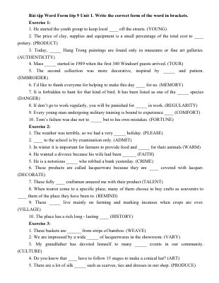 Bài tập Word Form lớp 9 theo Unit có đáp án. Write the correct form of the word in brackets. Mã A239592