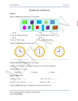Bộ 10 đề kiểm tra cuối học kì II - Toán lớp 1