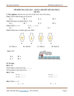 Đề kiểm tra giữa kì I Toán 1 - Bộ Kết nối tri thức