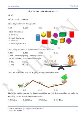 Bộ 5 đề kiểm tra cuối học kì II Sách Chân trời sáng tạo - Toán lớp 2
