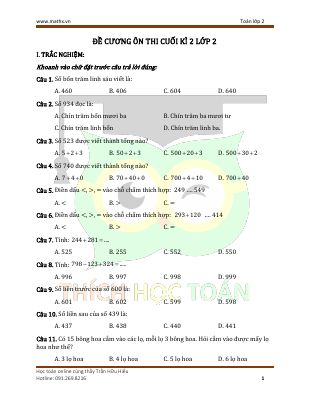 Đề cương ôn tập cuối học kì II môn Toán 2 năm học 2020 - 2021