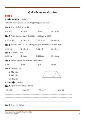 Bộ 20 đề ôn thi học kì I môn Toán lớp 2