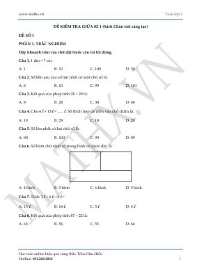 Bộ 5 đề kiểm tra giữa học kì 1 - Sách Chân trời sáng tạo - Toán lớp 2
