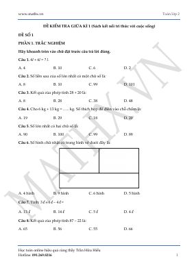 Bộ 5 đề kiểm tra giữa học kì 1 - Sách Kết nối tri thức với cuộc sống - Toán lớp 2