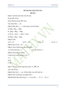 Đề ôn tập giữa học kì I Toán 2