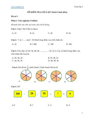 Bộ đề ônthi giữa kì 1 môn Toán lớp 3 bộ cánh diều.