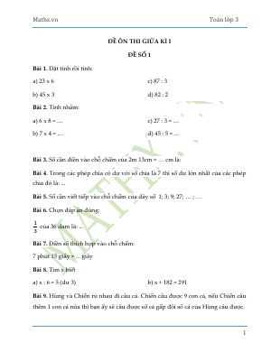 Đề ôn tập giữa học kì I Toán 3
