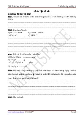 Đề ôn tập hè Toán lớp 3