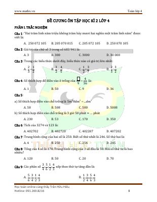 Đề cương ôn tập cuối học kì II Toán 4