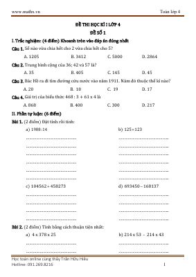 Bộ 20 đề ôn thi học kì 1 môn Toán lớp 4