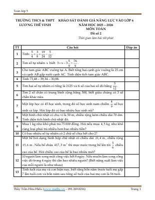 Đề khảo sát ĐGNL trường THCS & THPT Lương Thế Vinh năm 20252026
