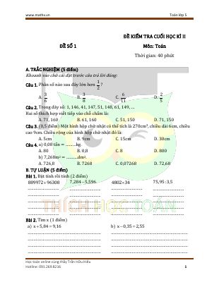 10 đề thi cuối học kì  II Toán lớp 5