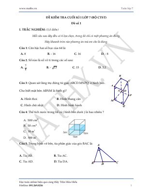 Đề kiểm tra học kì I lớp 7 bộ CTST