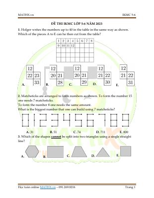 Đề thi IKMC lớp 5 - 6 năm 2023