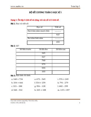 Bộ đề cương ôn tập học kì 1 môn toán lớp 3