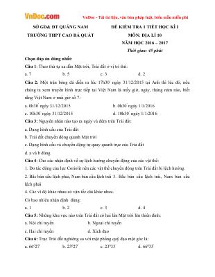 Đề thi học kì 1 môn Địa lớp 10 THPT Cao Bá Quát có đáp án