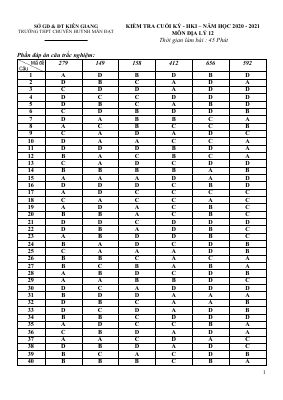 Đáp án đề kiểm tra học kì 1 môn Địa lớp 12 năm 2020 - 2021 THPT chuyên Huỳnh Mẫn Đạt chi tiết