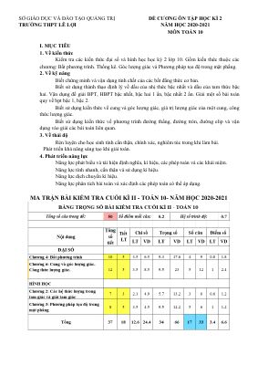 Đề cương ôn tập học kì 2 môn Toán lớp 10 năm 2020 - 2021 THPT Lê Lợi