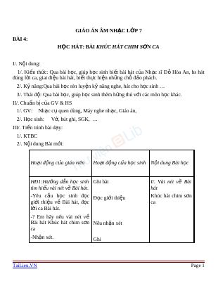 Giáo án Âm nhạc 7 bài 4 Học hát Khúc hát chim sơn ca