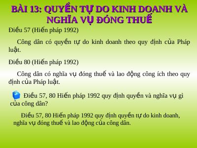 Bài giảng GDCD 9 bài 13 Quyền tự do kinh doanh và nghĩa vụ đóng thuế