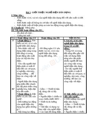 Giáo án Công nghệ 9 bài 1 Giới thiệu về nghề điện dân dụng