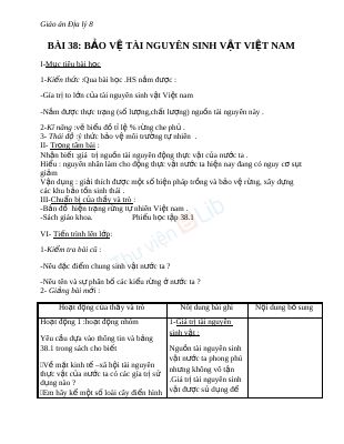 Giáo án Địa lý 8 bài 38 Bảo vệ tài nguyên sinh vật Việt Nam