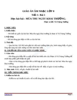 Giáo án Âm nhạc 8 bài 1 Học hát Mùa thu ngày khai trường