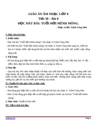 Giáo án Âm nhạc 8 bài 8 Học hát Tuổi đời mênh mông