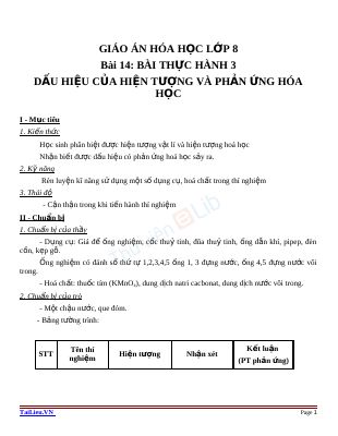 Bài thực hành 3 Dấu hiệu của hiện tượng và phản ứng hóa học