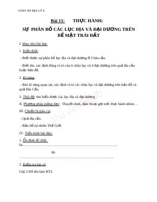 Giáo án Địa lý 6 bài 11 Thực hành Sự phân bố các lục địa và đại dương trên bề mặt Trái Đất