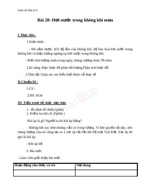 Giáo án Địa lý 6 bài 20 Hơi nước trong không khí - Mưa