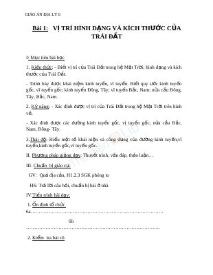 Tuyển tập giáo án HK1 Địa lý 6 - GVNguyễn TBình