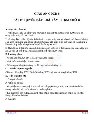 Giáo án GDCD 6 bài 17 Quyền bất khả xâm phạm về nhà ở