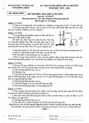 Đề thi tuyển sinh vào lớp 10 chuyên môn Hóa năm 2015 - 2016 tỉnh Đồng Tháp có đáp án