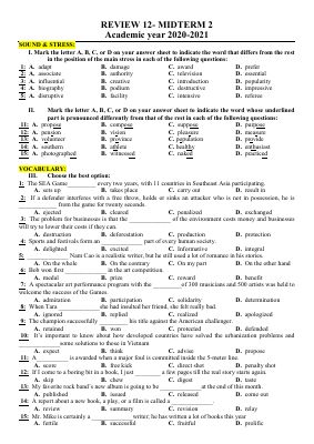 Đề thi thử giữa học kì 2 môn Tiếng Anh lớp 12 năm 2020 - 2021 THPT Thủ Đức có đáp án chi tiết