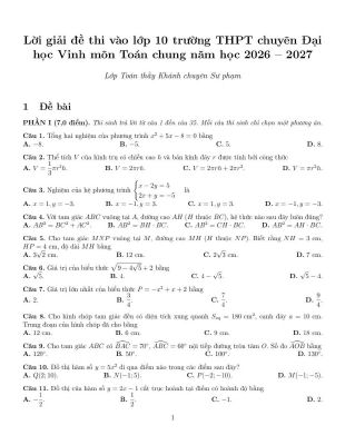 Đề tuyển sinh lớp 10 môn Toán (vòng 1) năm 2026 - 2027 trường chuyên ĐH Vinh - Nghệ An