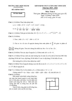 Đề KĐCL học sinh giỏi Toán 6 năm 2025 - 2026 trường THCS Hợp Thành - Thanh Hóa